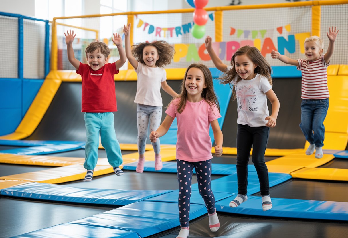 Niños saltando y jugando en un centro de camas elásticas durante una fiesta de cumpleaños, vestidos con ropa cómoda y adecuada para la actividad.