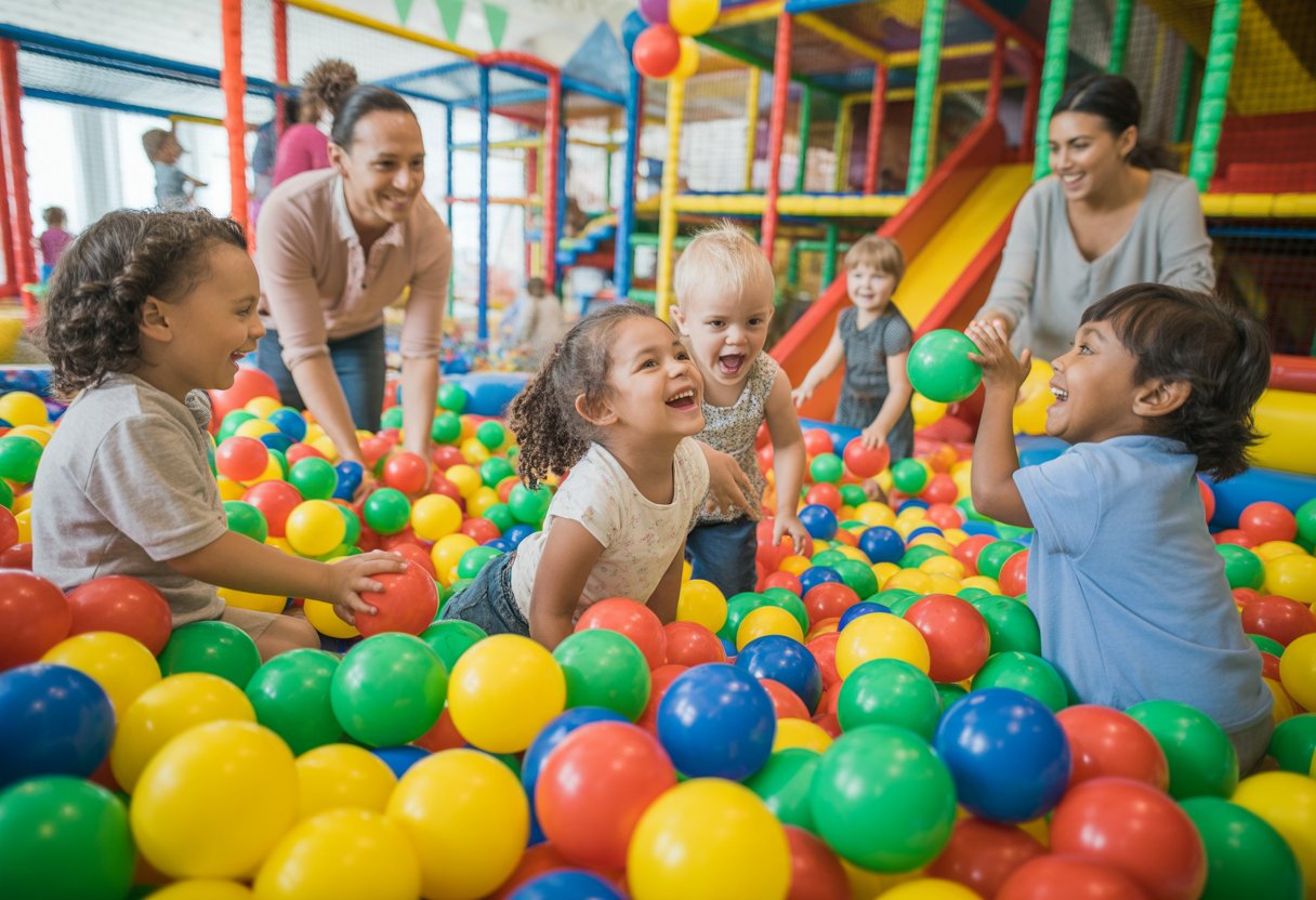 Niños jugando y riendo en un parque de bolas colorido durante una fiesta de cumpleaños.