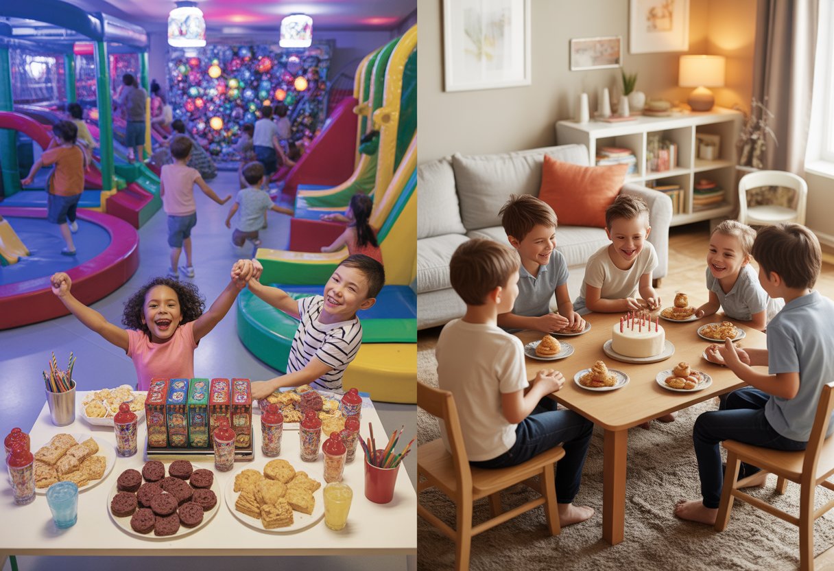 Comparación de una fiesta de cumpleaños en un centro de ocio con niños jugando y merienda, y una celebración más sencilla en casa con pocos niños alrededor de una mesa.
